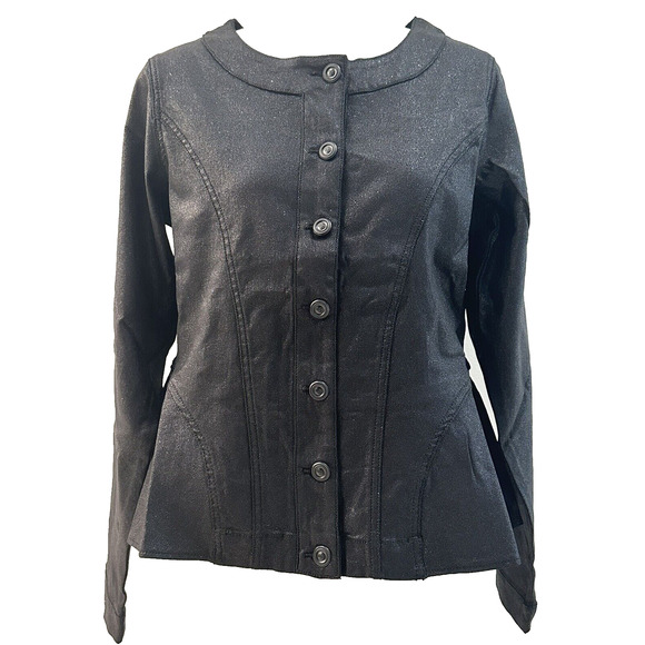 DG2 Diane Gilman Women’s Medium Sparkle Denim Collarless Peplum Jacket Black - Picture 1 of 7